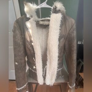 Wildflower faux fur and suede jacket with fold over collar. Y2K grey metallic